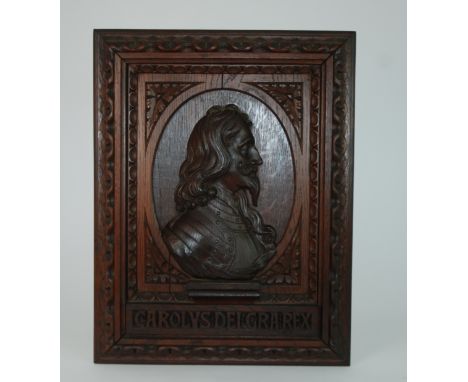 A VICTORIAN CARVED OAK PANEL OF CHARLES II inscribed Carolus Dei Gra Rex, 55 x 40cm The estate of The late Robert and Lyndsay