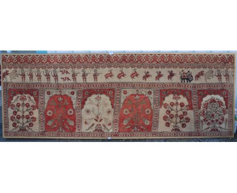 AN INDIAN LINEN PRINTED PANEL depicting a procession of soldiers hunting animals beneath a foliate border and above six flora