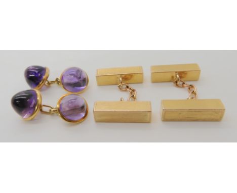 TWO PAIRS OF VINTAGE CUFFLINKS a pair of bright yellow metal amethyst dome cufflinks, diameter of the setting ring 12mm, link