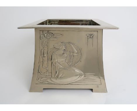 MARGARET GILMOUR (1860-1942) GLASGOW SCHOOL NICKEL PLATED COPPER PLANTER of square form and repousse decorated on two sides w