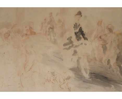 •FELIKS TOPOLSKI RA (POLISH 1907-1989) US COLONIAL TROOPS IN ENGLISH VILLAGE - AUTUMN 1942 Red chalk, charcoal, ink and wash,