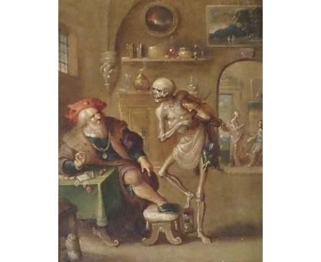 ATTRIBUTED TO FRANS FRANCKEN THE YOUNGER (BELGIAN 1581 - 1642)DEATH SERENADING A RICH MANOil on metal with wood panel back bo