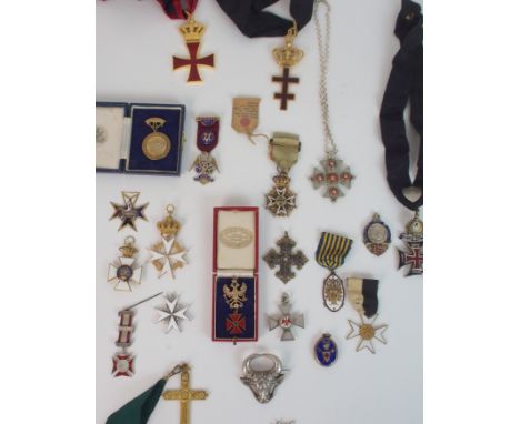 THREE ORDER OF ST. JOHN ENAMEL MALTESE CROSS MEDALS a Portuguese Military Order of Christ, Order of Saint Lazarus of Jerusale