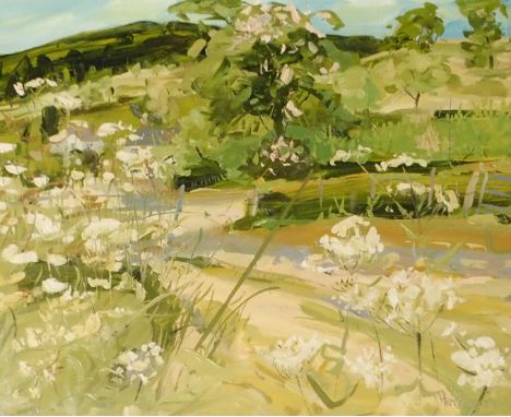 •JAMES HARRIGAN (SCOTTISH B. 1937) THE OPEN GATE Oil on panel board, signed, 49 x 59cm (19 1/4 x 23 1/4") Inscribed with titl