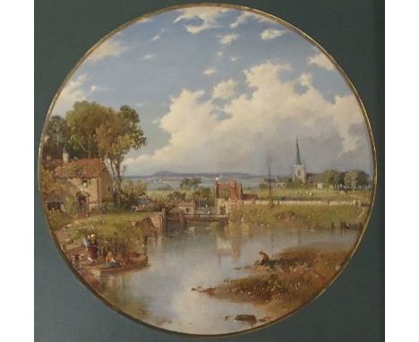 JOHN HOLLAND NSA (BRITISH 1857-1920) A VILLAGE IDYLL BY THE COAST Oil on canvas laid on panel, monogrammed lower right (parti