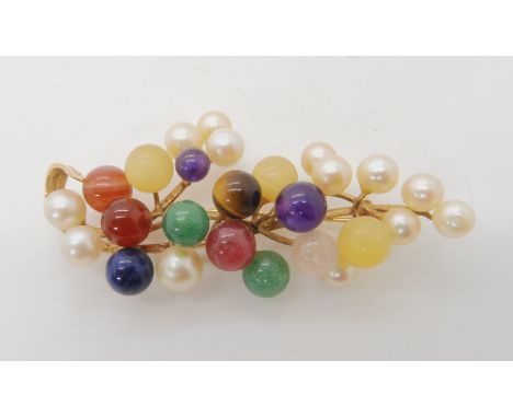 A 14K GOLD MULTI GEM BROOCH SIGNED MING'S set with globes of different gemstones to include amethyst, rose quartz, lapis lazu