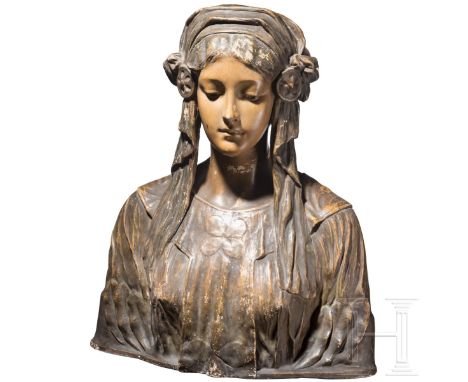 Terrakottabüste einer jungen Frau, Friedrich Goldscheider, Reproduction Reservée, Österreich, um 1900 Streng frontal ausgeric