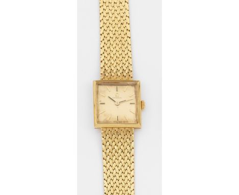 Omega-Damenarmbanduhr aus den 1950er JahrenGelbgold, gest. 750. Quadratisches Uhrengehäuse, Zifferblatt mit Stabindexen und Z