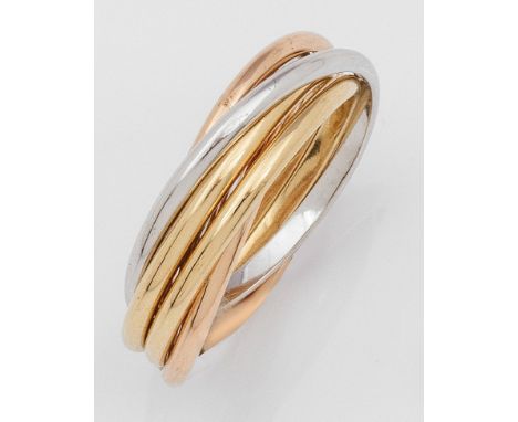 Tricolor-RollingringGelb, Weiß- und Roségold, gest. 750. Sechs ineinander verschlungene Bandringe. Gew. ca. 7,74 g. Three col