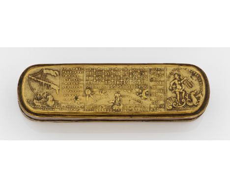 Iserlohner TabakdoseMessing, geprägter Reliefdekor. Auf dem scharnierten Deckel Kalender mit Monaten und Tagen, seitlich gera
