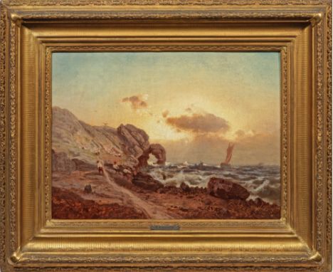 Felix Kreutzer(1835 Düsseldorf - 1876 ebenda)Nordfranzösische Landschaft mit Fischern im AbendlichtWohl Motiv aus der Bretagn