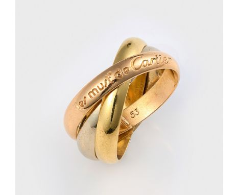 Klassischer Trinityring von Cartier-"Le must de Cartier"Tricolor, Gelbgold, Weißgold und Roségold, gest. 750. Drei ineinander
