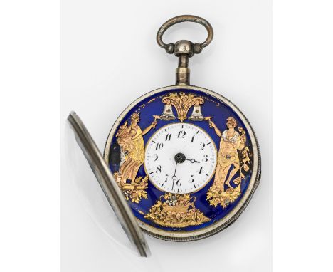 Taschenuhr mit Jacquemart-FigurenautomatWohl Schweiz, um 1800/1820. Silber und Metall. Offenes Scharniergehäuse mit geriefter