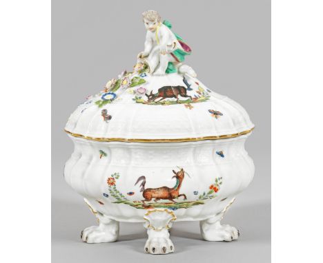 Meissen Deckelterrine mit FabeltierdekorVon vier Löwentatzen mit Muschelrelief getragener, gedrückt bauchiger, ausgewölbter, 
