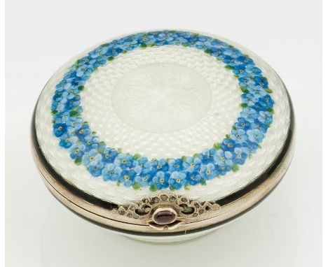 Runde Emaille-Zierdoseim Stil von Karl Fabergé. Silber, teilw. emailliert. Sich bauchig erweiternder Korpus mit scharniertem,