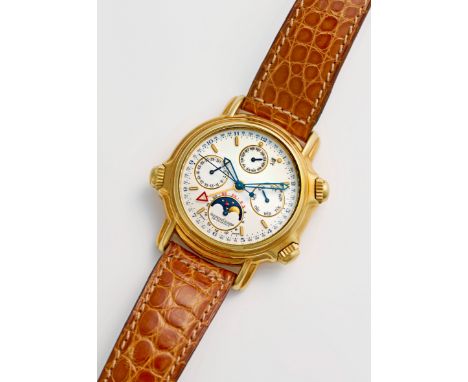 Herrenarmbanduhr von Jaeger-LeCoultre-"Grand ReveilPerpetual Calendar" von 1992Gelbgold, gest. 750. Rundes Uhrengehäuse, weiß