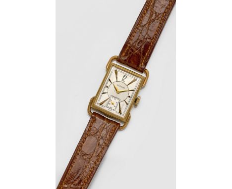 Armbanduhr von LeCoultre aus den 1940er JahrenGelbgold, gest.14 ct.; Tankförmiges Gehäuse, zweifarbiges Zifferblatt, Lanzenin
