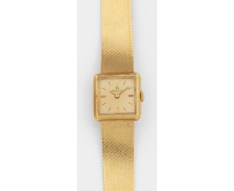 Damenarmbanduhr von MILUS aus den 1970er JahrenGelbgold, gest. 750. Quadratisches, satiniertes Uhrengehäuse, Zifferblatt mit 