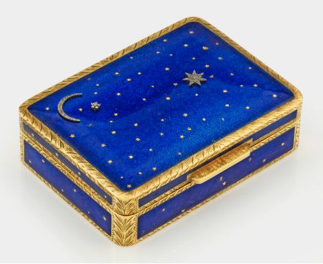 Schwere Emailledose "1001 Nacht"im Stil von Karl Fabergé. Silber, vergoldet und emailliert. Rechteckiger Korpus mit gerundete