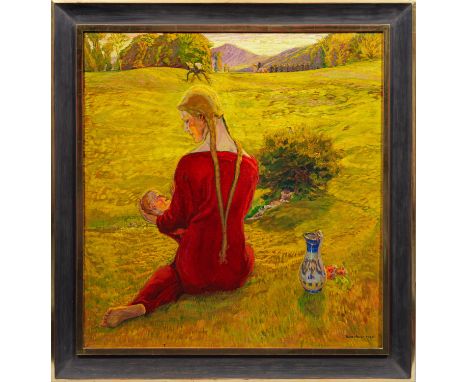 Paul Horst-Schulze(1876 Naunhof - 1937 Leipzig)Sitzende junge Mutter mit Kind in sommerlicher LandschaftBlick auf eine weite,