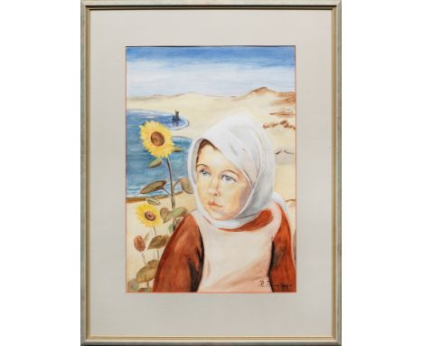 Richard Birnstengel(1881 Dresden - 1968 ebenda)Bildnis eines Fischermädchens mit Sonnenblumen vor den Ostseedünen bei NiddenI