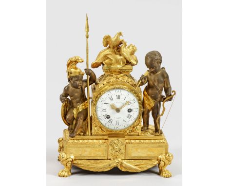 Kleine Louis XVI-Figurenpendule von François VionBronze, fein ziseliert und feuervergoldet bzw. teilw. braun patiniert. Über 
