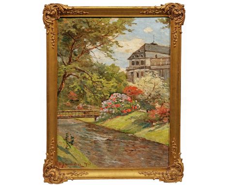 Vitus Staudacher(1850 Gaimersheim - 1925 Baden-Baden)"An der Oos beim Kurhof Baden Baden". OriginaltitelMit weich-pastosem, l