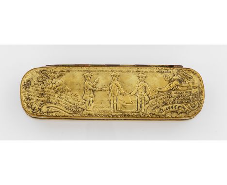 Iserlohner TabakdoseMessing, geprägter Reliefdekor. Auf dem scharnierten Deckel Darstellung des Friedensschlusses zwischen Ru