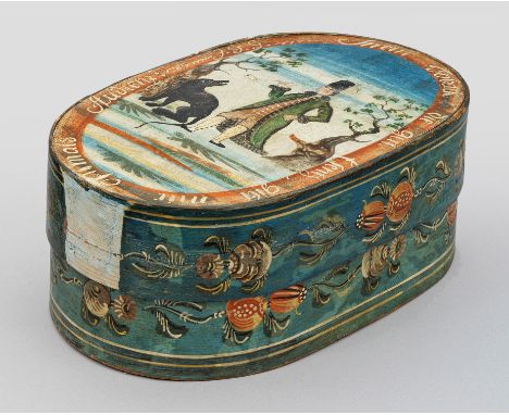 Spanschachtel mit PfeifenraucherWeichholz. Ovaler Korpus. Polychrome Malerei. Deckelplatte mit pfeiferauchendem Herren und sc