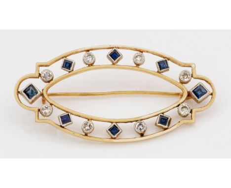 Feine Jugendstil-BroscheGelbgold, 14 ct.; Schauseitig besetzt mit Saphiren und kleinen Altschliffdiamanten im dekorativen Wec