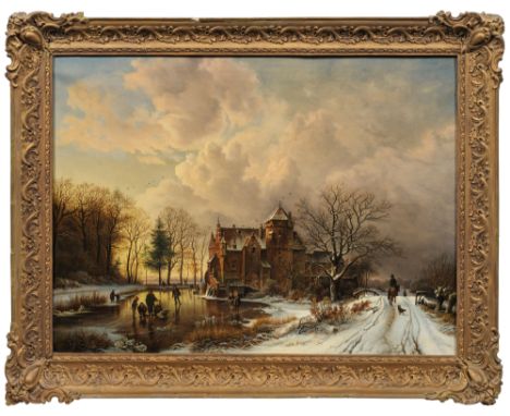 Johann Anton Castell(1810 Dresden - 1867 ebenda)Holländische Winterlandschaft mit altem Wasserschloss im AbendlichtDurch Eisv