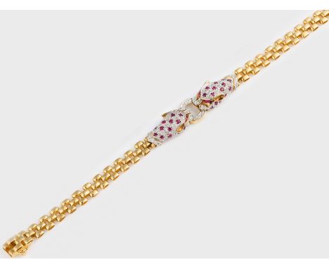 Panthère-Rubin-Armband im Stil von CartierGelbgold, gest. 750. Ausgefasst mit Rubinen von zus. ca. 0,70 ct. und kleinen Diama