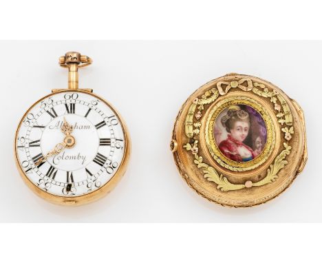 Doppelgehäuse-Spindeltaschenuhr von Abraham Colomby (1702 -1776)Schweiz. Genf. Mitte 18. Jh.; Gold, 18 k.; Übergehäuse à deux
