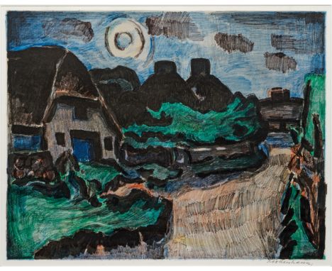 Ernst Mollenhauer(1892 Tapiau/Ostpreußen - 1963 Düsseldorf)"Nächtliche Straße in Keitum/Sylt". OriginaltitelFarblithographie/