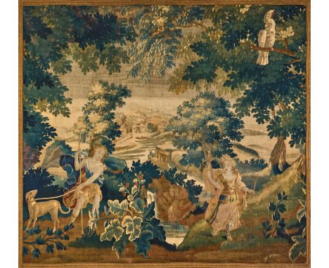 Kleine Barock-TapisserieWolle auf Wolle, flach gewebt. Im Spiegel flächendeckende Darstellung einer weiten Parklandschaft mit