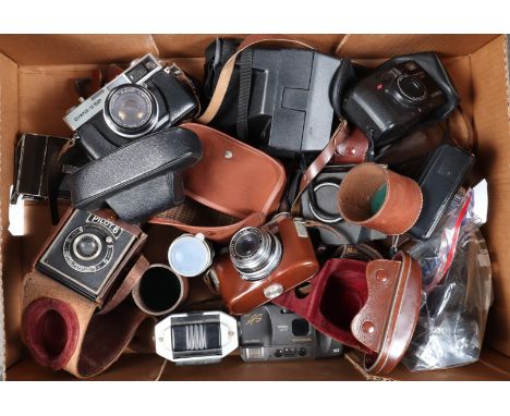A Tray of Various Cameras, including an Olympus 35 SP rangefinder camera, a Voss Diax IIa rangefinder camera, a Tele-Xenar 13