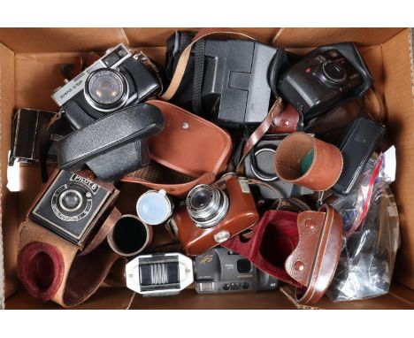 A Tray of Various Cameras, including an Olympus 35 SP rangefinder camera, a Voss Diax IIa rangefinder camera, a Tele-Xenar 13