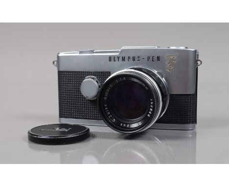 An Olympus Pen F 35mm Half Frame Camera, shutter working, body G-VG, slight scratches to base, with G.Zuiko 40mm f/1.4 lens, 