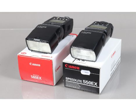 Canon Speedlite 580EX and Speedlite 550EX Electronic Flash Units,  with maker's boxes, 580EX pouch and manual, with two diffu