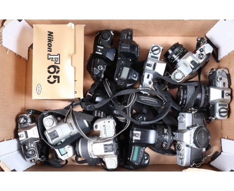 A Tray of SLR Bodies and Cameras, comprising Nikon FG-20 body, a Nikon F65 body in maker's box, a Nikon F50 camera with an AF