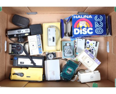 A Tray of Subminiature and Cartridge Cameras, including a Minolta 16-Ps 16mm camera in maker's box, a Minolta 16 sub-miniatur