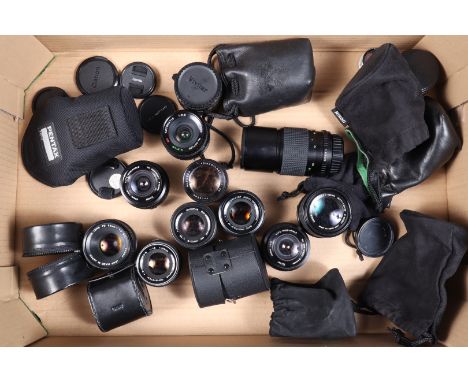 A Tray of SLR Prime Lenses, comprising a Canon FD 50mm f/1.8 S.C., two Olympus Zuiko 50mm f/1.8 lenses, an SMC Pentax-M 50mm 