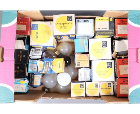 A Tray of Studio Lamp Bulbs, approx 30 examples of mainly photoflood bulbs, various ratings up to 500 watts, mostly boxed, a 
