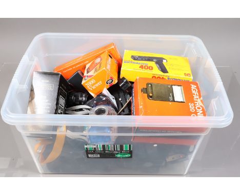 A Box of Camera Related Items, mainly flash units, filters, 110 cameras, light meters and other items