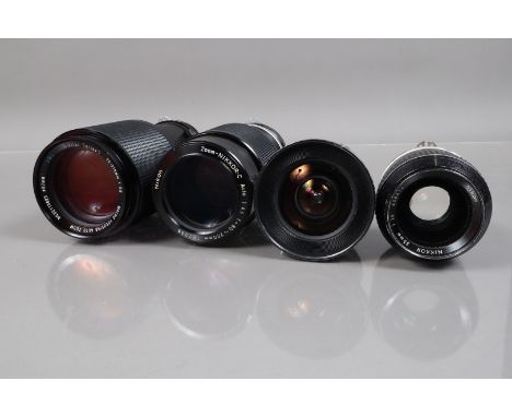 A Group of Nikon F SLR Lenses, comprising a Nikkor 18mm f/3.5 AI-S lens P, broken aperture iris blocks light, a Nikkor 35mm f