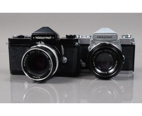 Two Nikon Nikkormat Cameras, a Nikkormat FTN, black, shutter sticking/very sluggish in slow speeds, meter responsive, self ti