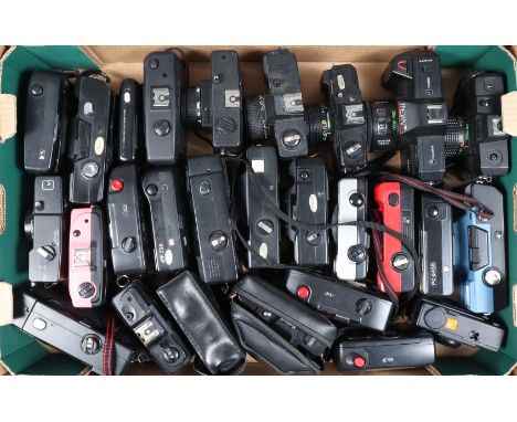 A Tray of Focus Free Compact Cameras, 26 approx examples; brands including Premier, Mekei, Le Clic, Skina, Promax, Holga, man