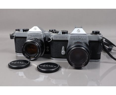 Two Asahi Pentax SLR Cameras, a Spotmatic F,shutter working, self timer working, not battery checked, body G-VG, light wear, 