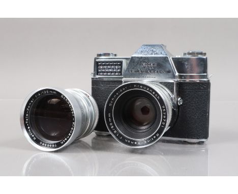 A Kodak Retina Reflex III SLR Camera, serial no 103987, body F-G, Compur shutter working, meter not working, a Schneider-Kreu
