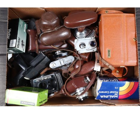 A Tray of Various Cameras, incuding an Edixa Reflex, a Kodak Retinette 1A,  2 Zorki bodies, a Pentax 110, various viewfinder 